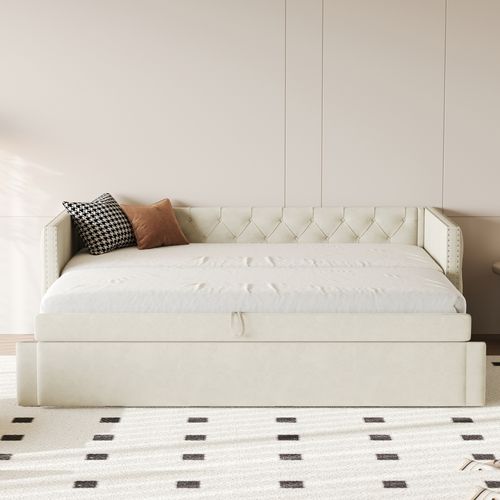 Lit Gigogne 90x200 Cm En Velours, Lit Enfant, Avec Lattes, Beige