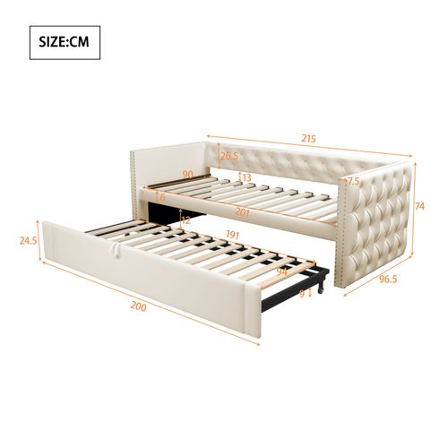 Lit Gigogne 90x200 Cm En Velours, Lit Enfant, Avec Lattes, Beige