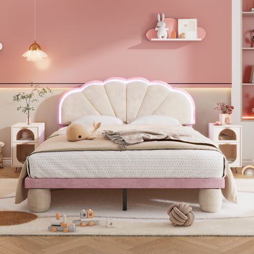Lit 140x200 Avec Bandeaux Lumineux Multicolores, Tête Ciselée, Pieds Rembourrés, Beige + Rose