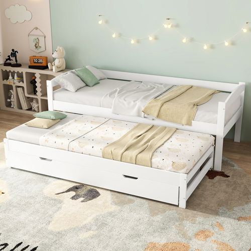 Lit Enfant Gigogne 90x200/190 Cm Avec Rangement - 2 Tiroirs, Cadre En Bois, Blanc