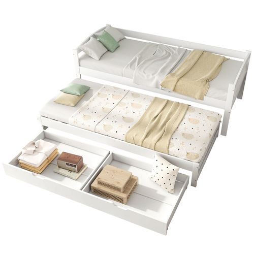 Lit Enfant Gigogne 90x200/190 Cm Avec Rangement - 2 Tiroirs, Cadre En Bois, Blanc