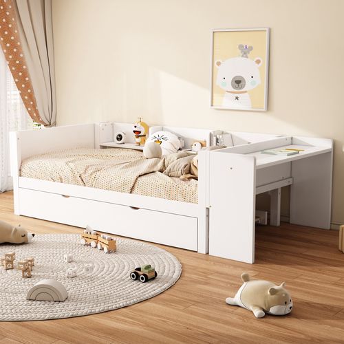 Lit Enfant Gigogne 90x200 Cm Avec Bureau Intégré, 3 Étagères - Blanc