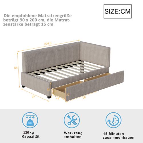 Lit Enfant 90x200 Cm Avec Tiroirs De Rangement, Canapé-lit,, Sommier Inclus, Velours Gris