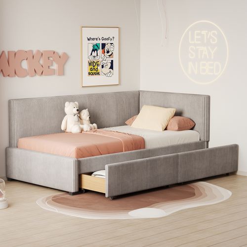 Lit Enfant 90x200 Cm Avec Tiroirs De Rangement, Canapé-lit,, Sommier Inclus, Velours Gris
