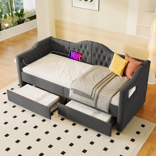 Lit 90x200 Cm Avec Rangement, Structure En Acier, 2 Tiroirs Et Charge USB Type-c, Gris Lin