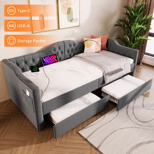 Lit 90x200 Cm Avec Rangement, Structure En Acier, 2 Tiroirs Et Charge USB Type-c, Gris Lin