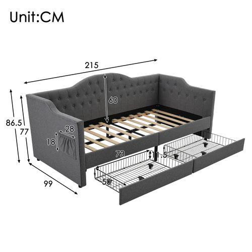 Lit 90x200 Cm Avec Rangement, Structure En Acier, 2 Tiroirs Et Charge USB Type-c, Gris Lin