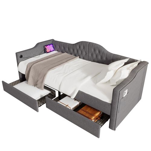 Lit 90x200 Cm Avec Rangement, Structure En Acier, 2 Tiroirs Et Charge USB Type-c, Gris Lin