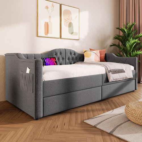 Lit 90x200 Cm Avec Rangement, Structure En Acier, 2 Tiroirs Et Charge USB Type-c, Gris Lin