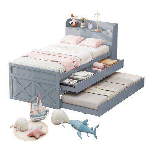 Lit enfant gigogne 90x190 Cm En Pin Massif, Avec Tiroirs, USB, Gris