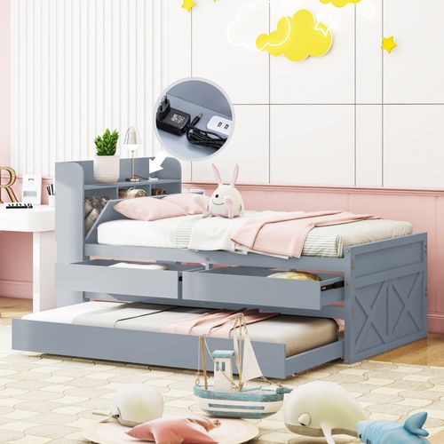 Lit enfant gigogne 90x190 Cm En Pin Massif, Avec Tiroirs, USB, Gris