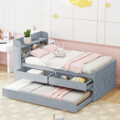 Lit enfant gigogne 90x190 Cm En Pin Massif, Avec Tiroirs, USB, Gris