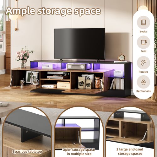 Meuble TV Avec Rangement Ouvert,  LED, Adapté Au Meuble De Chambre Et De Salon, Bois Et Noir