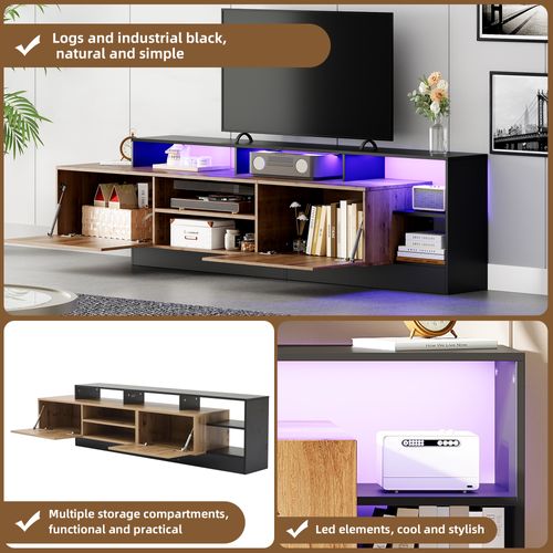 Meuble TV Avec Rangement Ouvert,  LED, Adapté Au Meuble De Chambre Et De Salon, Bois Et Noir