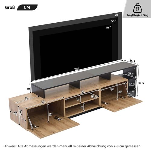 Meuble TV Avec Rangement Ouvert,  LED, Adapté Au Meuble De Chambre Et De Salon, Bois Et Noir