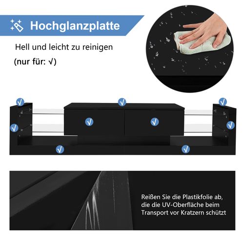 Meuble TV Brillant Avec Éclairage LED, 181 Cm – Façade En Verre, Deux Tiroirs Rabattables, Noir