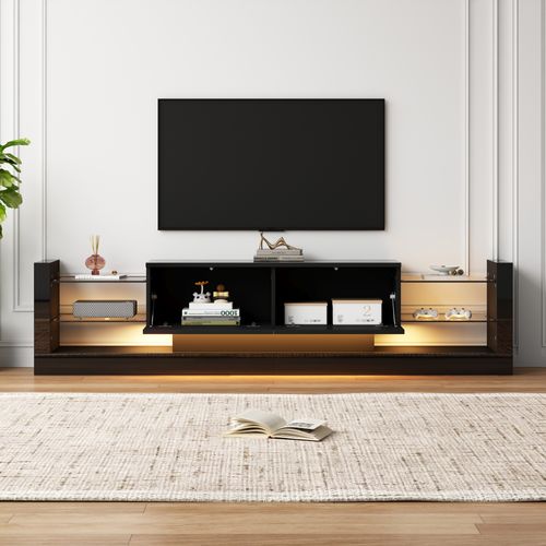 Meuble TV Brillant Avec Éclairage LED, 181 Cm – Façade En Verre, Deux Tiroirs Rabattables, Noir