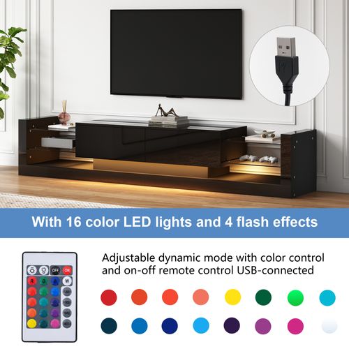 Meuble TV Brillant Avec Éclairage LED, 181 Cm – Façade En Verre, Deux Tiroirs Rabattables, Noir