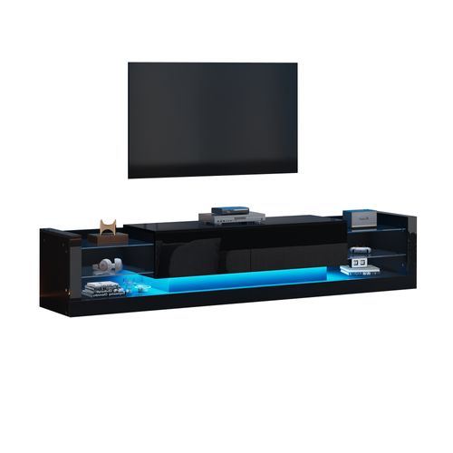 Meuble TV Brillant Avec Éclairage LED, 181 Cm – Façade En Verre, Deux Tiroirs Rabattables, Noir