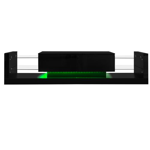 Meuble TV Brillant Avec Éclairage LED, 181 Cm – Façade En Verre, Deux Tiroirs Rabattables, Noir