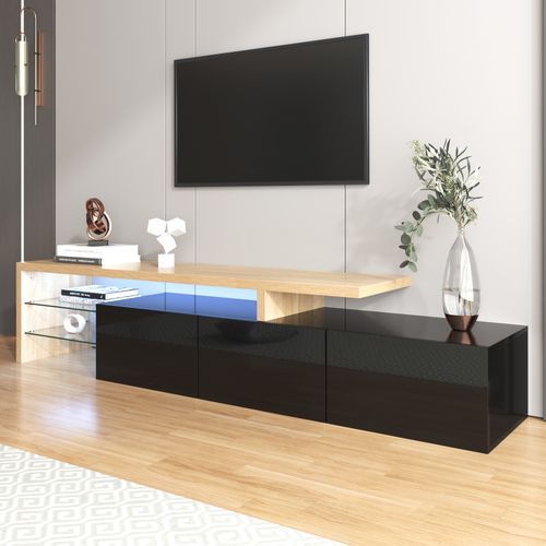 Meuble TV Moderne 197.5x39x42cm, Noir Brillant, Extérieur En Bois, Étagères En Verre, Éclairage LED