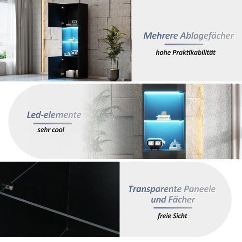 Vitrine noire Avec Éclairage LED, 1 Étagère En Verre, 45x35x160cm