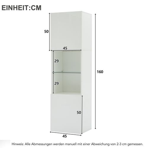 Vitrine blanche Avec Éclairage LED, 1 Étagère En Verre 45x35x160cm