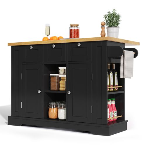 Table De Cuisine Mobile 132cm, Tiroir, Étagère à Épices, Porte-serviettes, 5 Roulettes, Prise, Noir