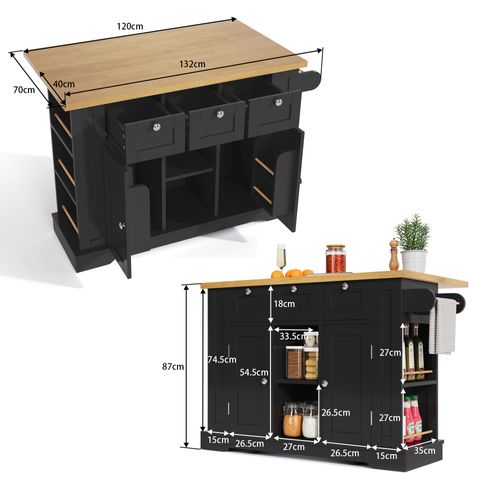 Table De Cuisine Mobile 132cm, Tiroir, Étagère à Épices, Porte-serviettes, 5 Roulettes, Prise, Noir