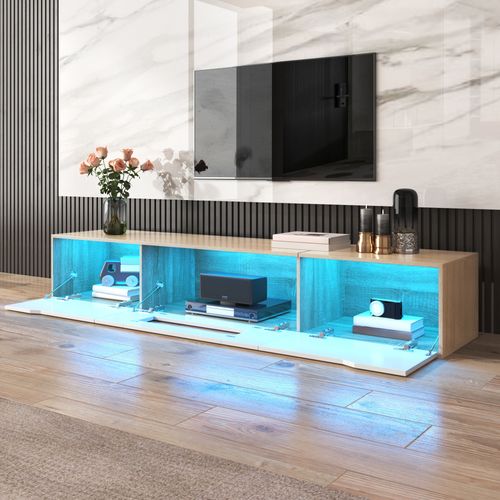 Meuble TV Avec Lumière LED, 3 Armoires De Rangement Avec Portes, 180x35x30cm, Blanc