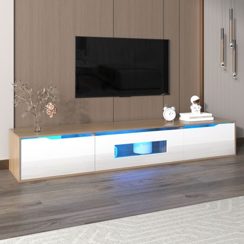 Meuble TV Avec Lumière LED, 3 Armoires De Rangement Avec Portes, 180x35x30cm, Blanc