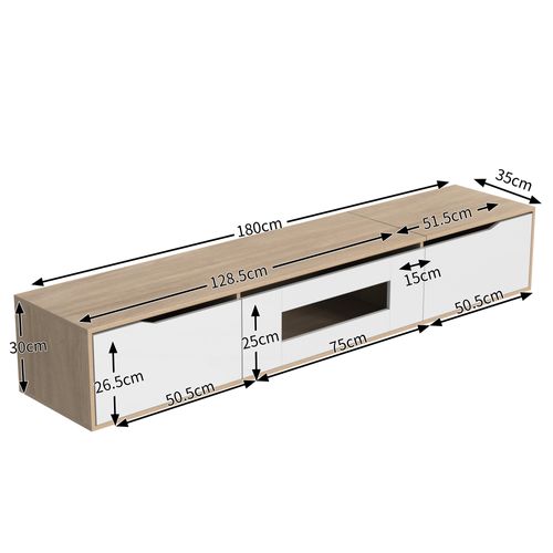 Meuble TV Avec Lumière LED, 3 Armoires De Rangement Avec Portes, 180x35x30cm, Blanc