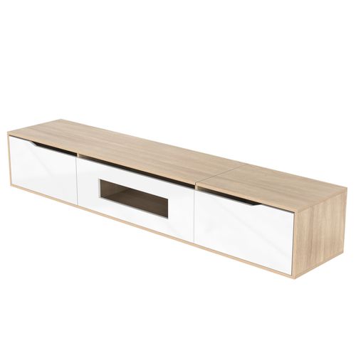 Meuble TV Avec Lumière LED, 3 Armoires De Rangement Avec Portes, 180x35x30cm, Blanc