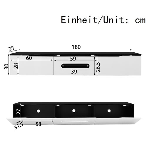 Meuble TV Noir Et Blanc, 3 Armoires, Éclairage LED, 180x35x30cm, Fixation Murale