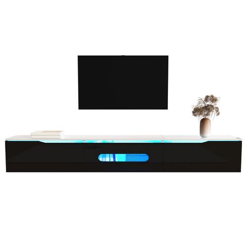 Meuble TV Noir Et Blanc, 3 Armoires, Éclairage LED, 180x35x30cm, Fixation Murale