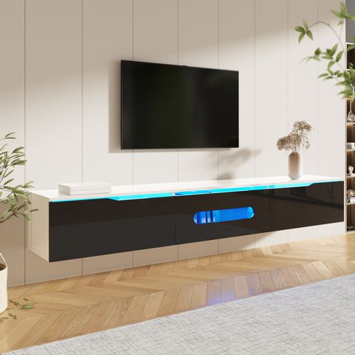 Meuble TV Noir Et Blanc, 3 Armoires, Éclairage LED, 180x35x30cm, Fixation Murale