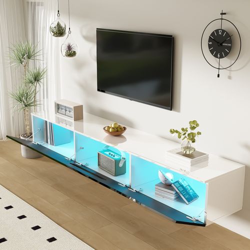 Meuble TV Noir Et Blanc, 3 Armoires, Éclairage LED, 180x35x30cm, Fixation Murale