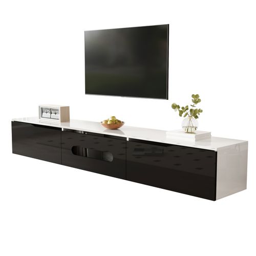 Meuble TV Noir Et Blanc, 3 Armoires, Éclairage LED, 180x35x30cm, Fixation Murale