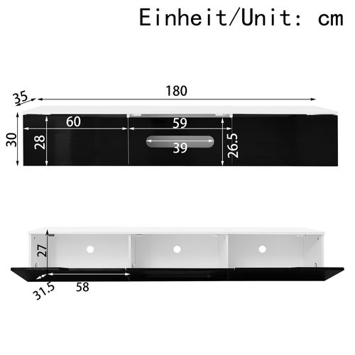 Meuble TV Noir Et Blanc, 3 Armoires, Éclairage LED, 180x35x30cm, Fixation Murale