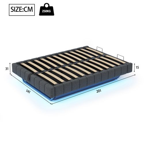 Lit Coffre 140x200 Cm, Cadre Flottant Hydraulique, Rangement, Lumière LED, Lin Gris