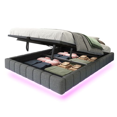 Lit Coffre 140x200 Cm, Cadre Flottant Hydraulique, Rangement, Lumière LED, Lin Gris