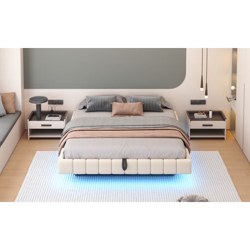 Lit Coffre 180x200 Cm, Cadre Flottant Hydraulique, Rangement, LED, Lin Beige