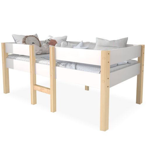 Lit Enfant Mi-hauteur 90x190 Cm Bois, Avec Barrière Anti-chute, Blanc Et Chêne