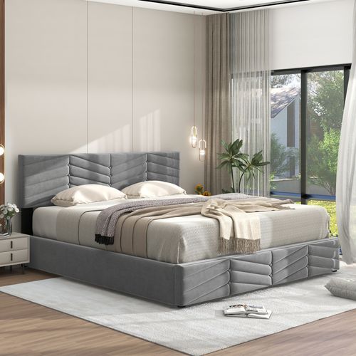 Lit Coffre 140x190 Cm Tissu Velours, Lit Adulte Double, Tête De Lit Reglable En Hauteur, Gris