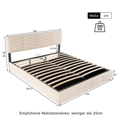 Lit Coffre 160x200 Cm Tissu Velours, Lit Adulte Double, Tête De Lit Reglable En Hauteur, Beige