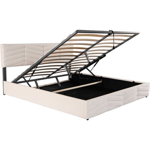 Lit Coffre 160x200 Cm Tissu Velours, Lit Adulte Double, Tête De Lit Reglable En Hauteur, Beige