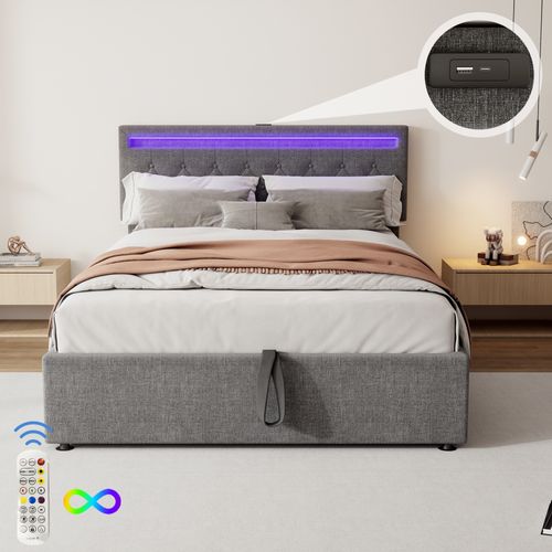 Lit Coffre 140x200 Cm Avec Lumière D’ambiance, Rangement Et Prises USB/type-c - Gris