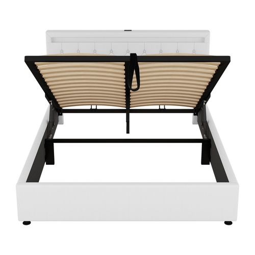 Lit Coffre 160x200 Cm Avec Lumière D’ambiance, Rangement Et Prises USB/type-c - Blanc