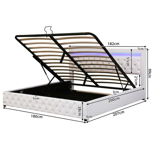 Lit Coffre Adulte 180x200 Cm Pu Avec Rangement, Lattes En Bois, Éclairage LED - Blanc