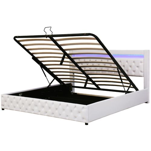Lit Coffre Adulte 180x200 Cm Pu Avec Rangement, Lattes En Bois, Éclairage LED - Blanc